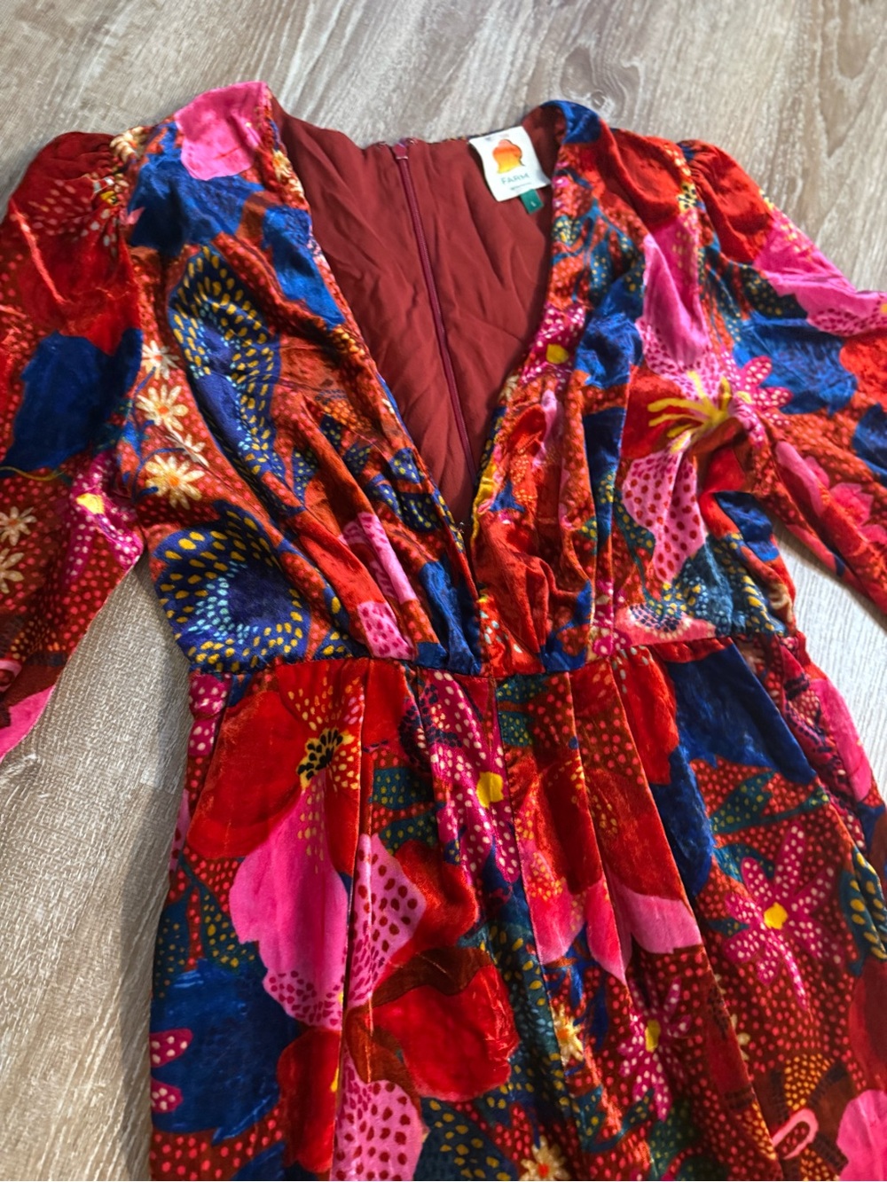 FARM Rio, Floral Velvet Jumpsuit Long Sleeve Deep V, Size L EUC - Picture 6 of 16